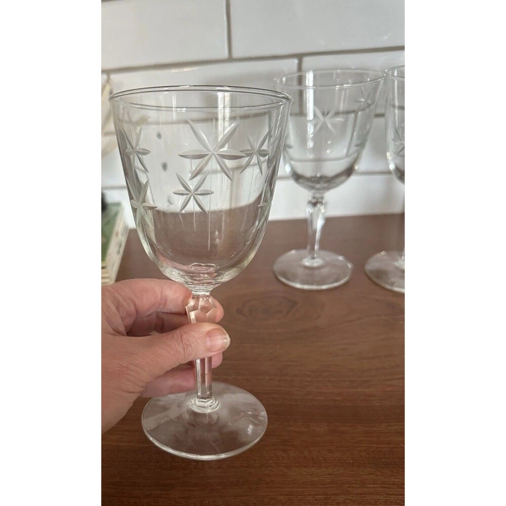 4 Libbey Rock Sharpe Candlelight Cut Atomic Star Stem 7” Water Goblet(s) MCM EUC